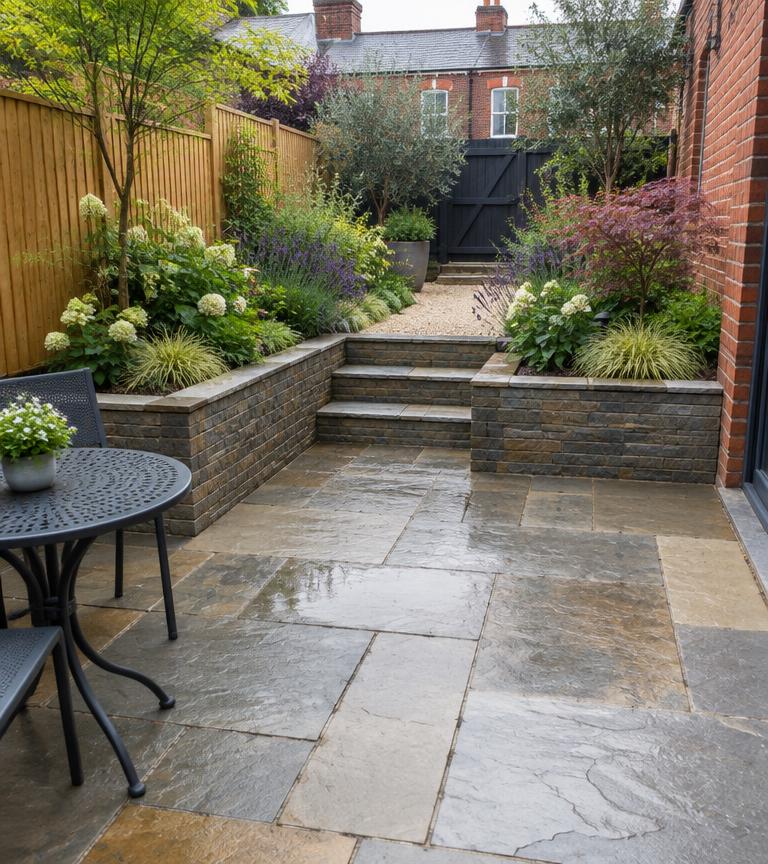 Stone patio and raised planting beds